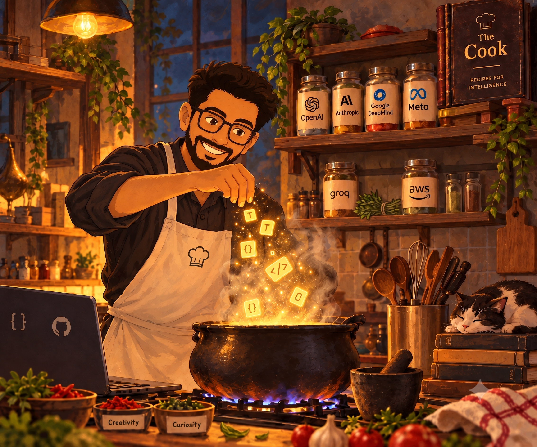 Illustration of Pradeep cooking ideas and code in a cozy kitchen