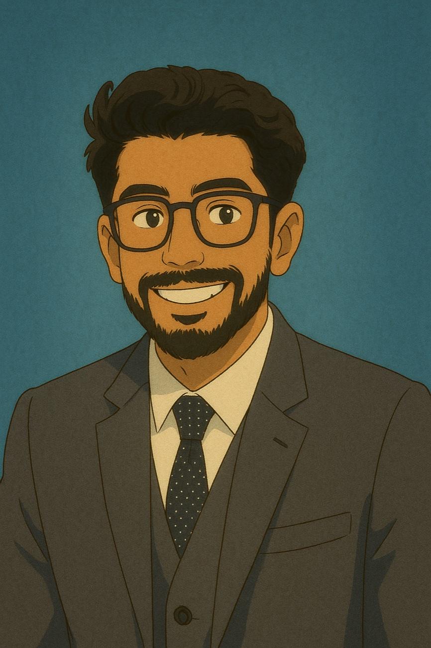 Illustrated portrait of Pradeep smiling in glasses and a suit